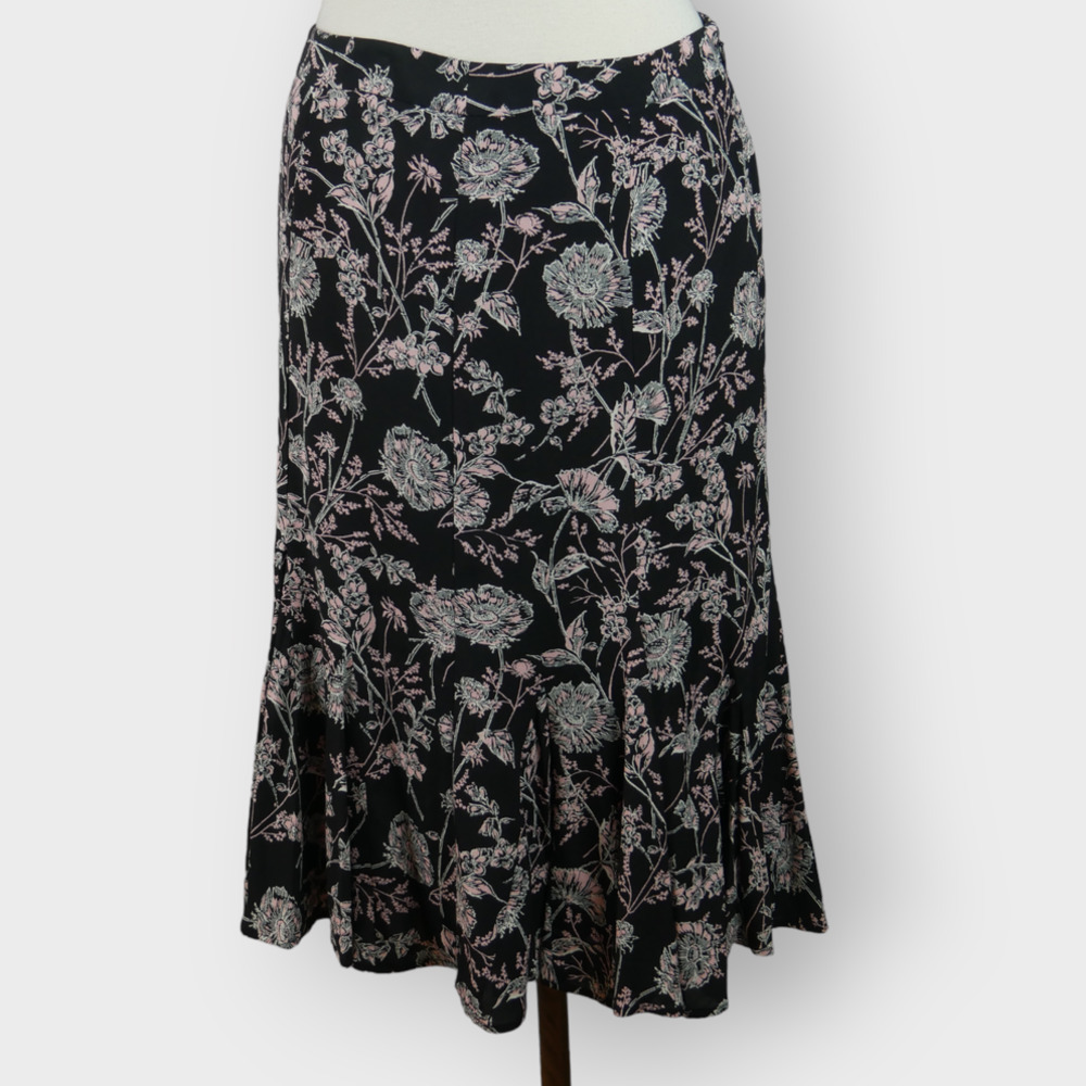 Talbots Toile Floral Pleated Midi Skirt Size 8 Black, Pink and White EUC